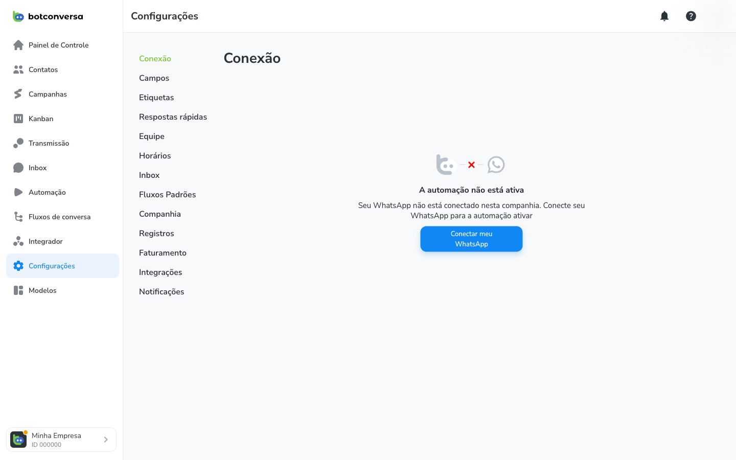 Tela Configurações → Conexão com o aviso 