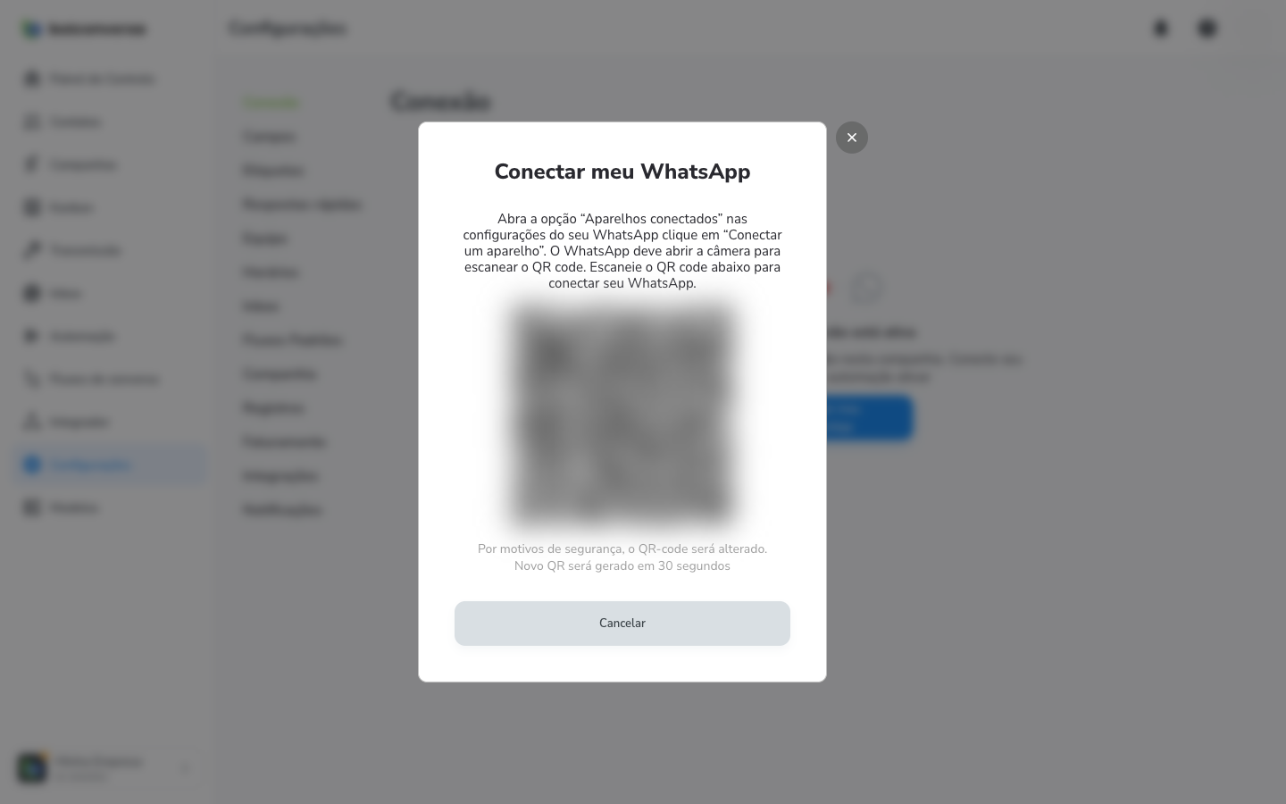 Janela Conectar meu WhatsApp com as instruções, o QR Code e o aviso de que um novo QR será gerado em 30 segundos