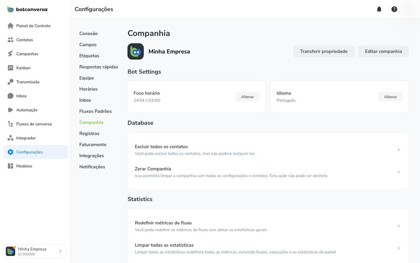 Tela Configurações → Companhia com o nome da companhia, os botões Transferir propriedade e Editar companhia e os cartões Fuso horário e Idioma