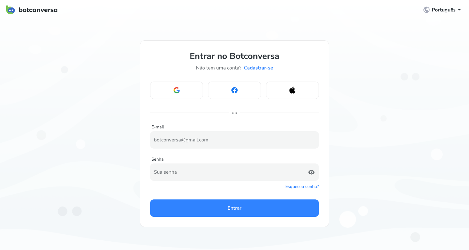 Tela de login do BotConversa com os botões de Google, Facebook e Apple, os campos E-mail e Senha e os botões Esqueceu senha? e Entrar