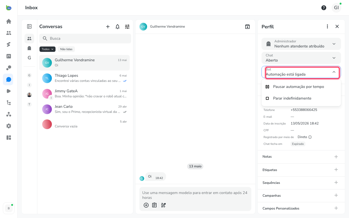 Perfil do cliente com o dropdown Bot aberto, mostrando as opções de pausar a automação