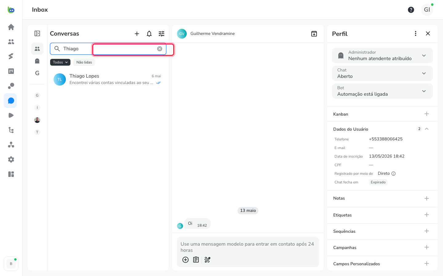 Campo de busca no topo da lista de conversas, com o nome do cliente sendo digitado