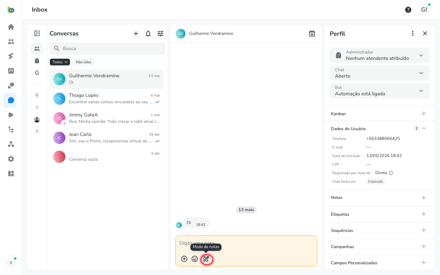 Composer em Modo de notas, com o fundo creme e o aviso de nota interna