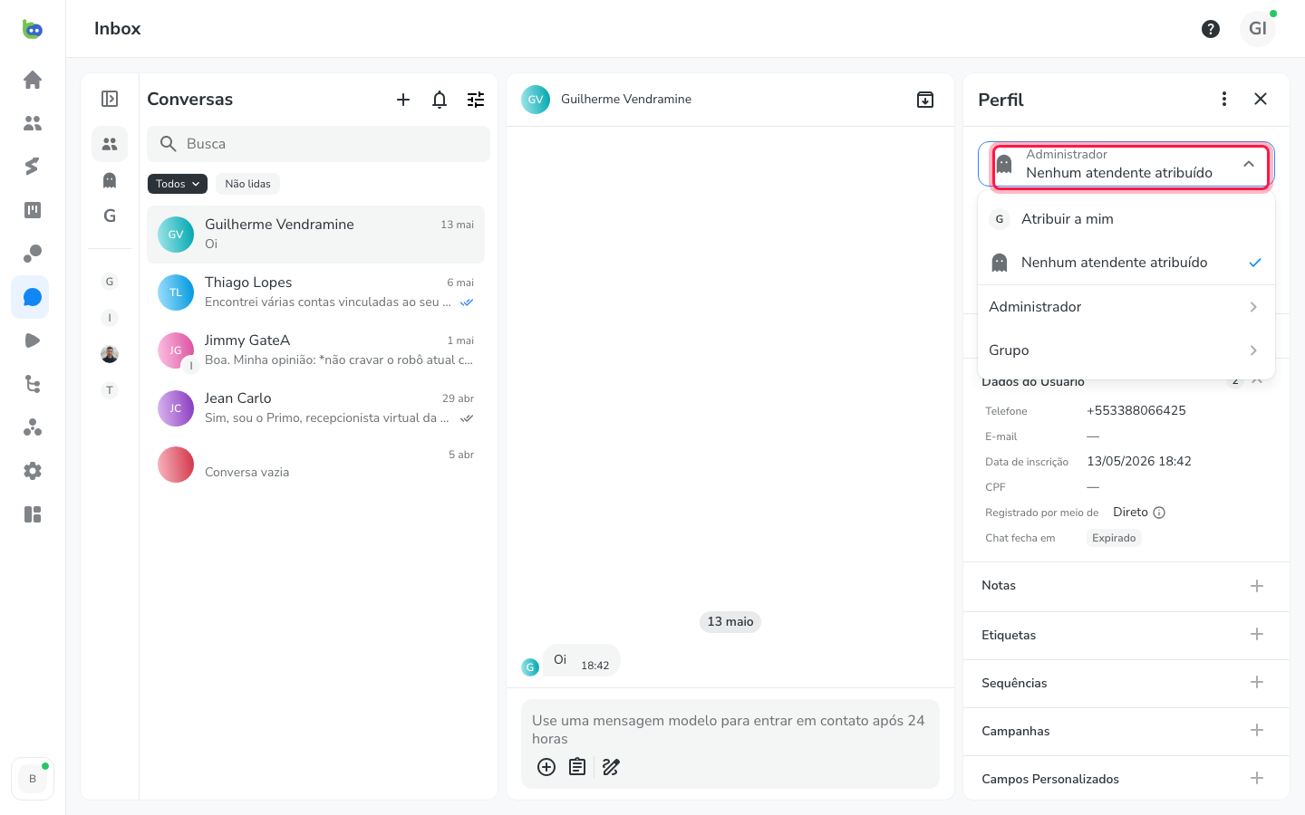 Painel de perfil do cliente com o dropdown Administrador aberto, mostrando as opções de atribuição