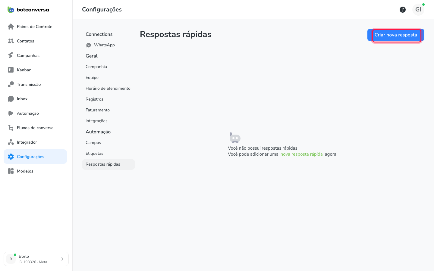 Tela de respostas rápidas em Configurações, com o botão Criar nova resposta