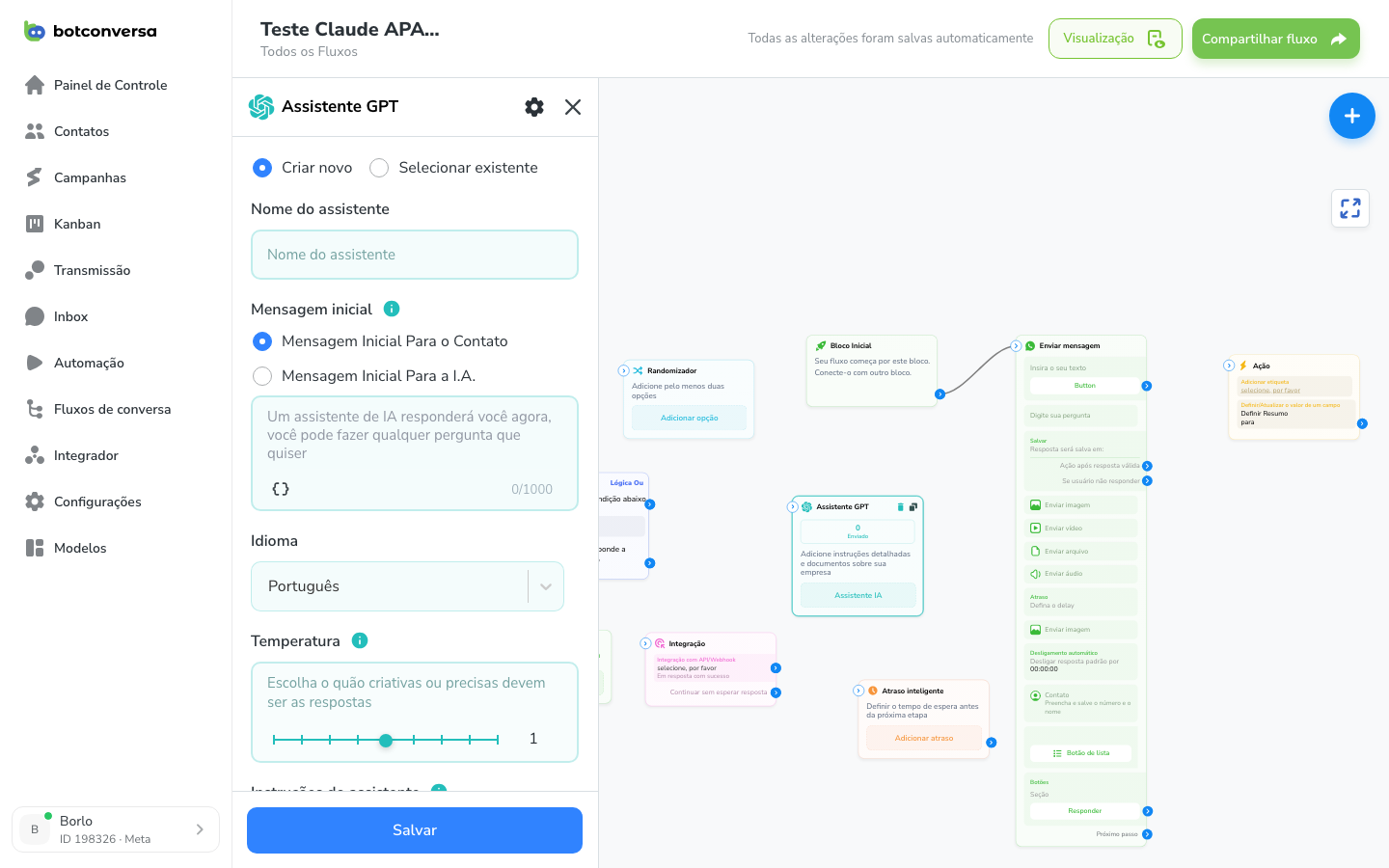 Painel de configuração do Assistente GPT com instruções e base de conhecimento