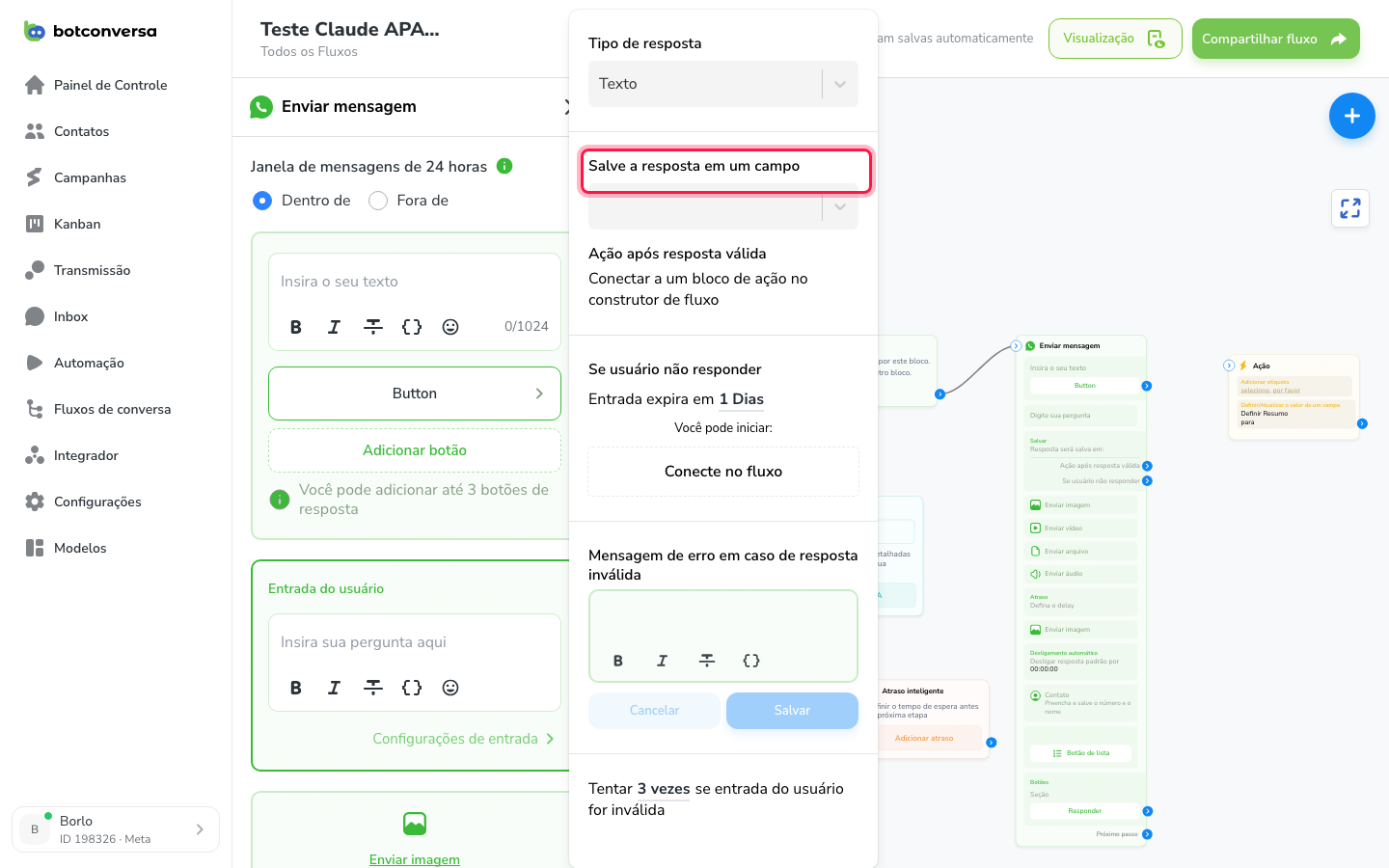 Seletor do campo de destino para guardar a resposta do cliente