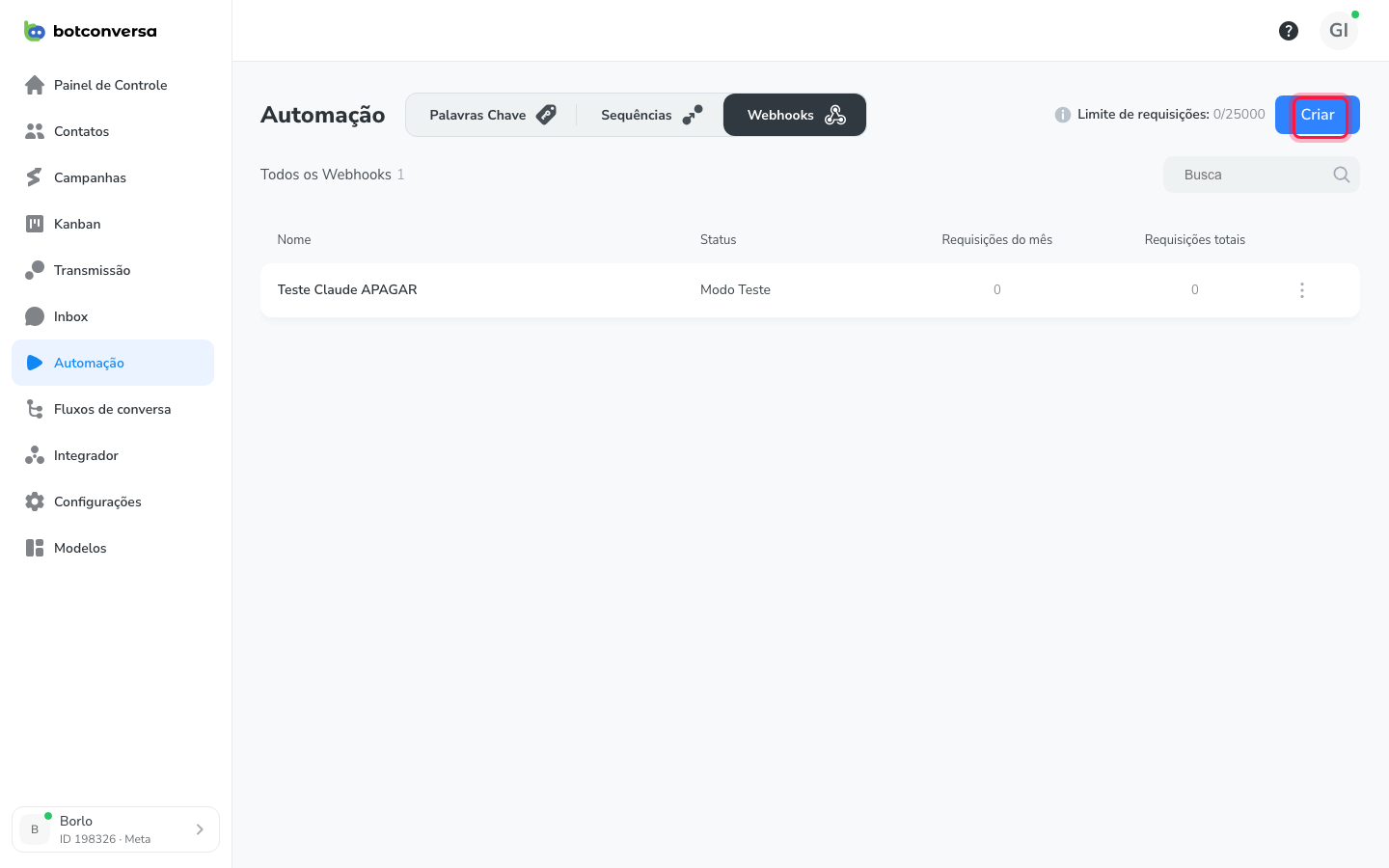 Tela de Automação com a aba Webhooks e o indicador de limite de requisições