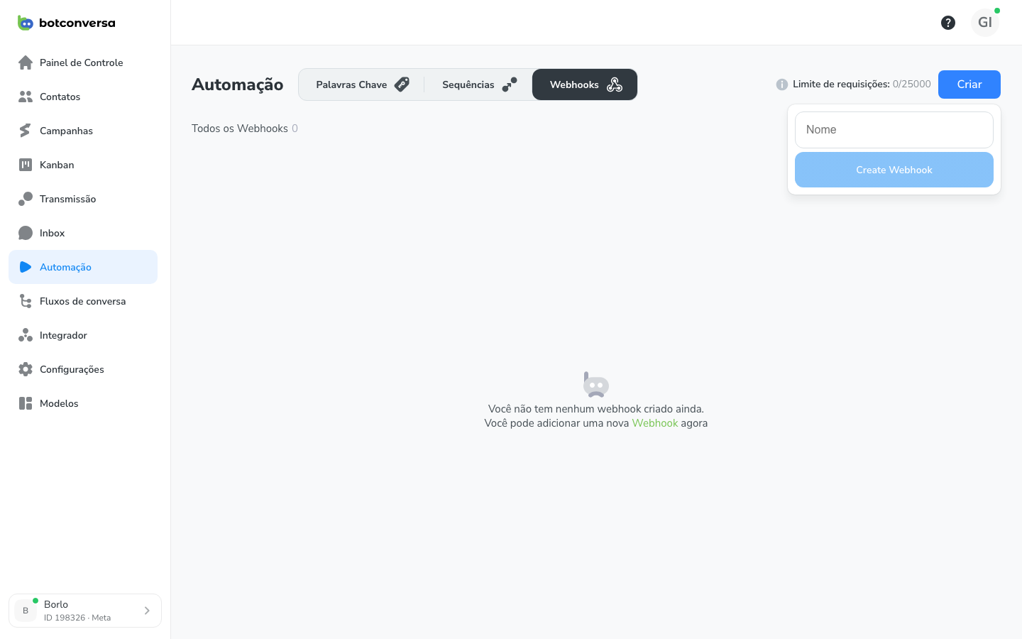 Janela de criação do webhook com o campo Nome preenchido