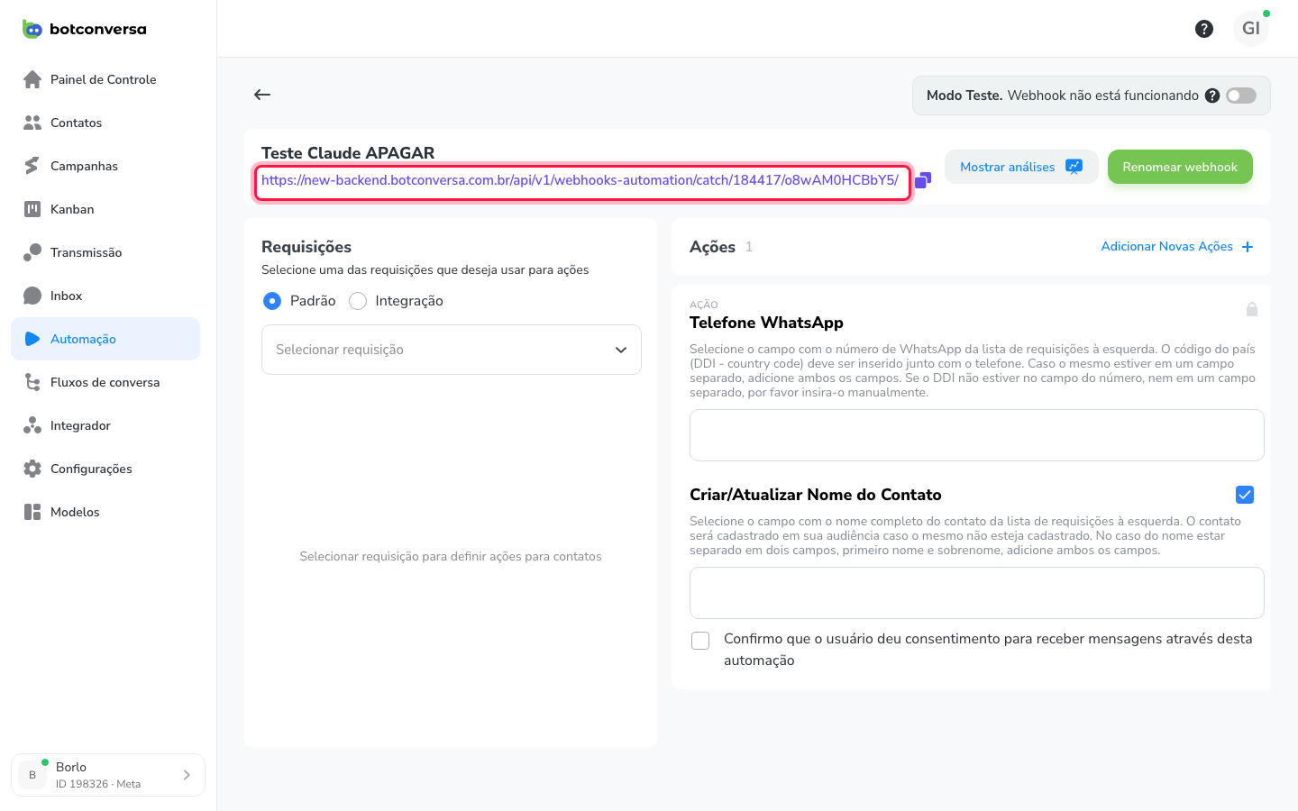 Editor do webhook com a URL e o botão de copiar em destaque