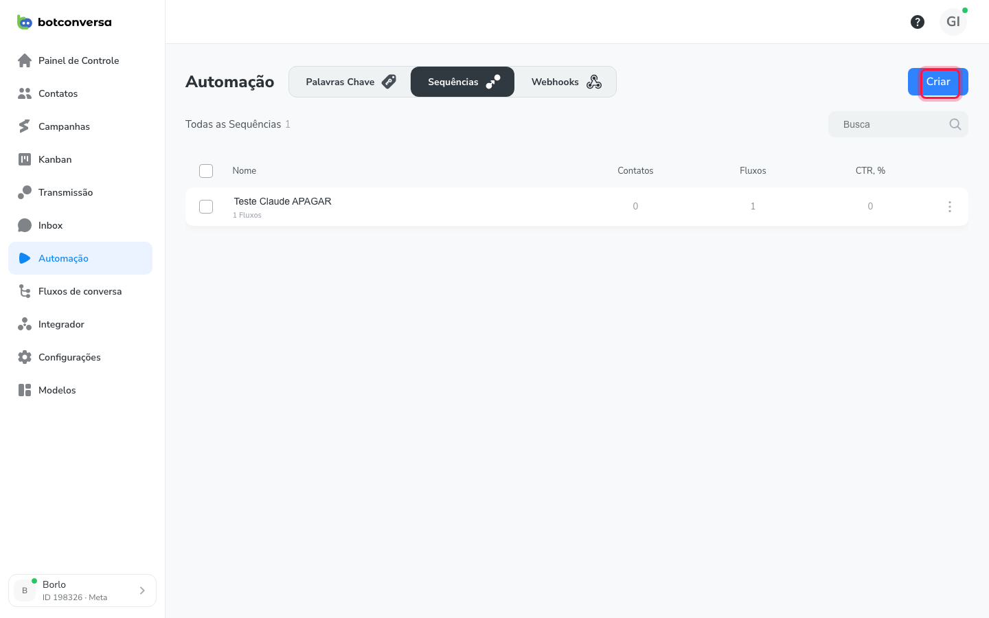 Tela de Automação com a aba Sequências selecionada