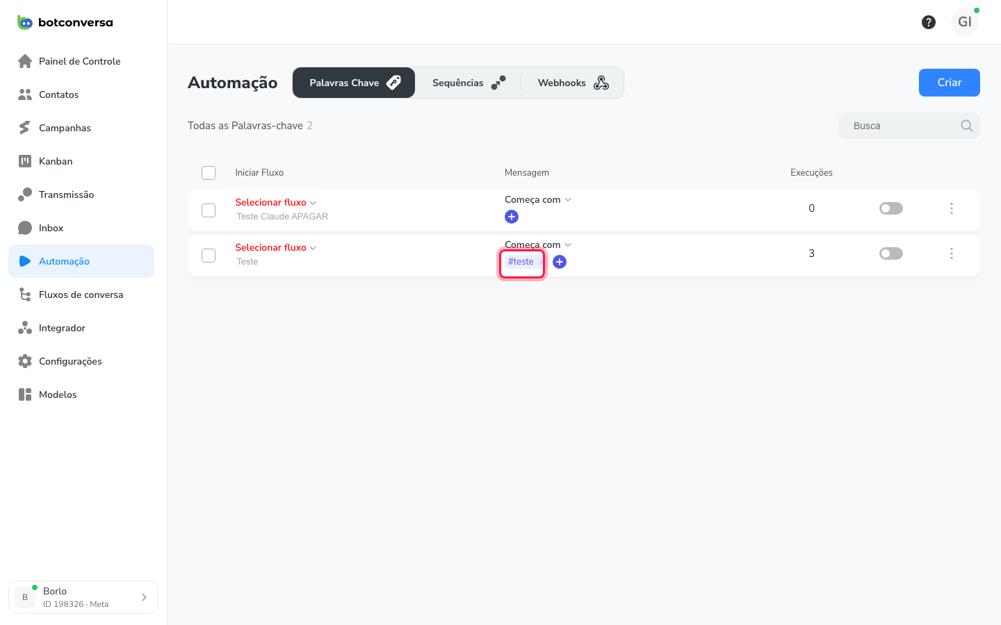 Coluna Mensagem com as palavras adicionadas como chips