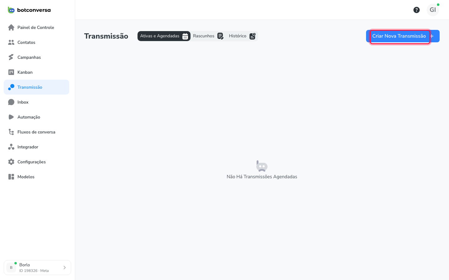 Tela de Transmissão com o botão Criar Nova Transmissão em destaque