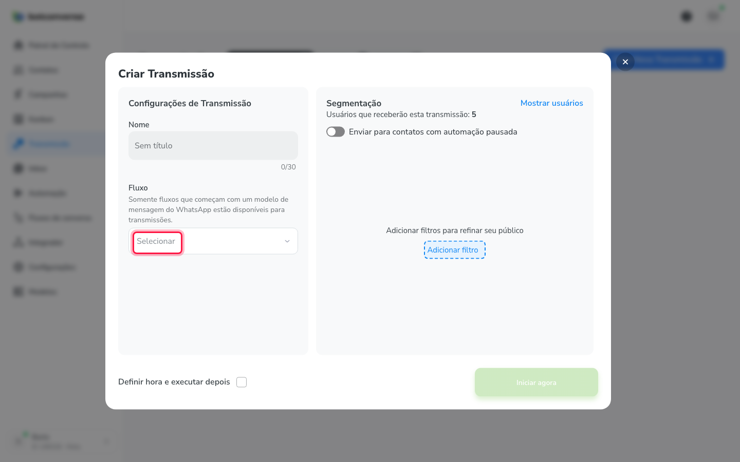 Modal de criação da transmissão com os campos Nome e Fluxo