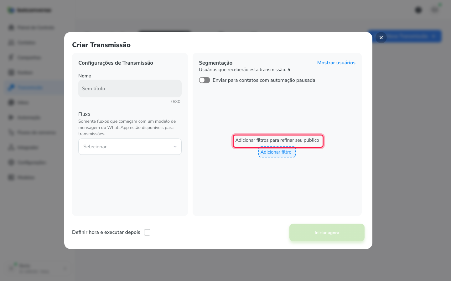 Coluna de Segmentação com a contagem de público e a opção Adicionar filtro