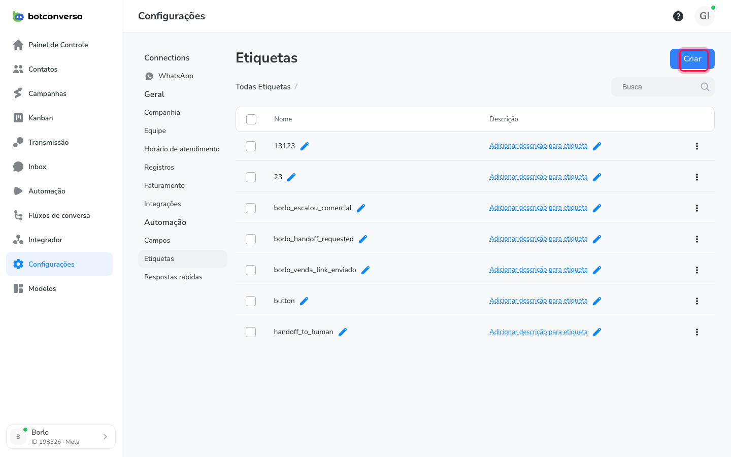 Tela de etiquetas em Configuracoes com o botao Criar