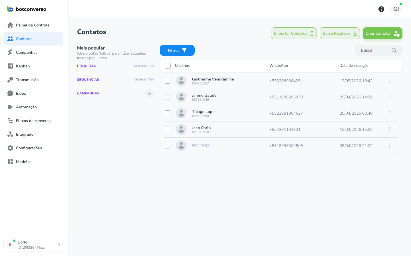 Lista de criterios de filtro disponiveis