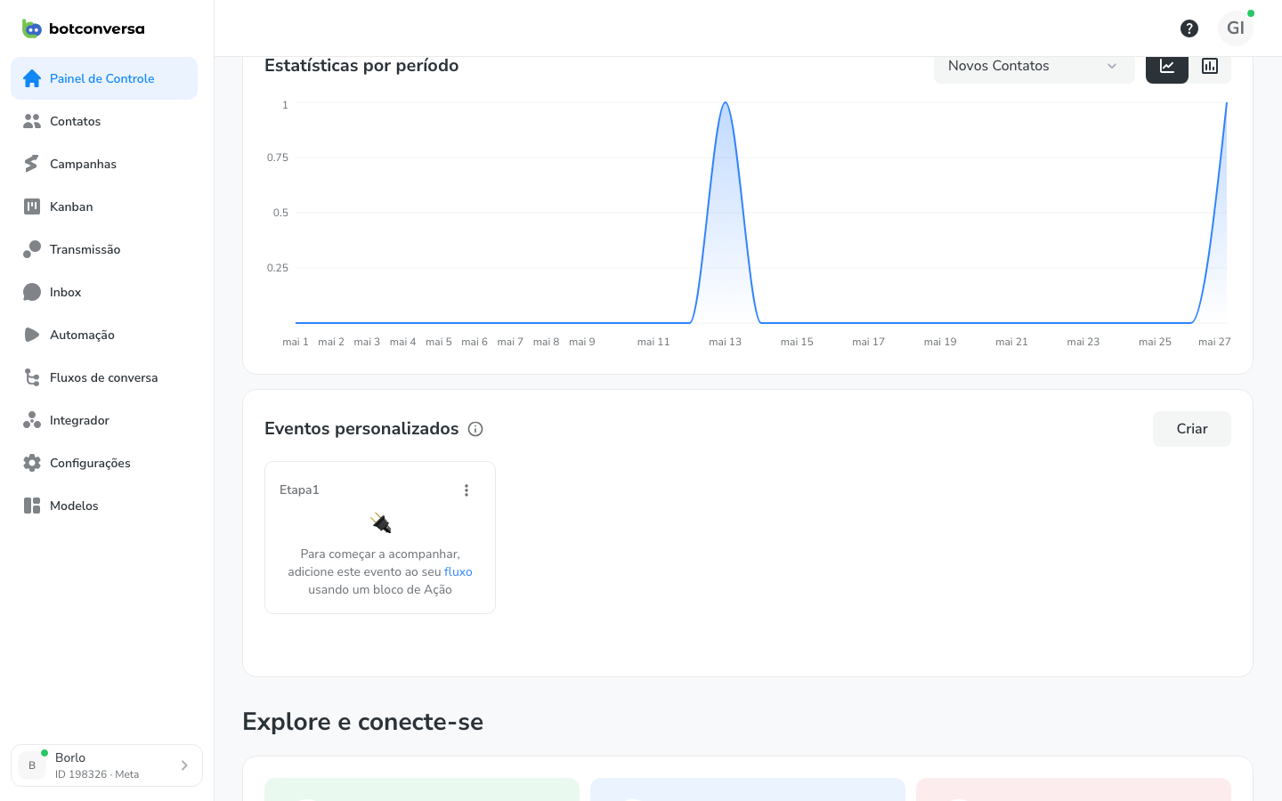 Seção de Eventos personalizados no bloco Dados, com o botão Criar destacado