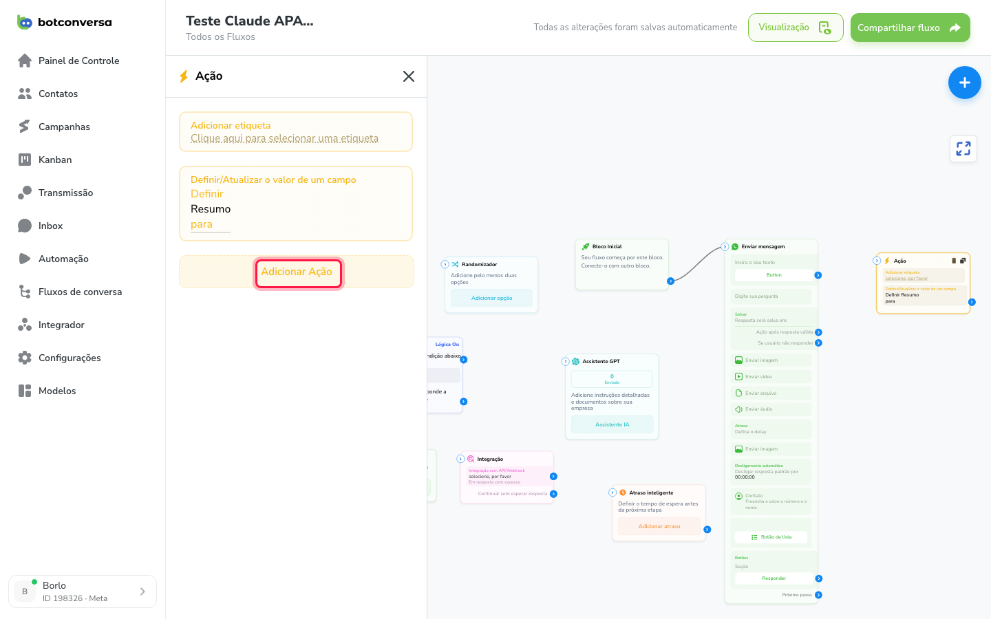 Bloco de Ação no construtor com a ação Adicionar evento personalizado selecionada