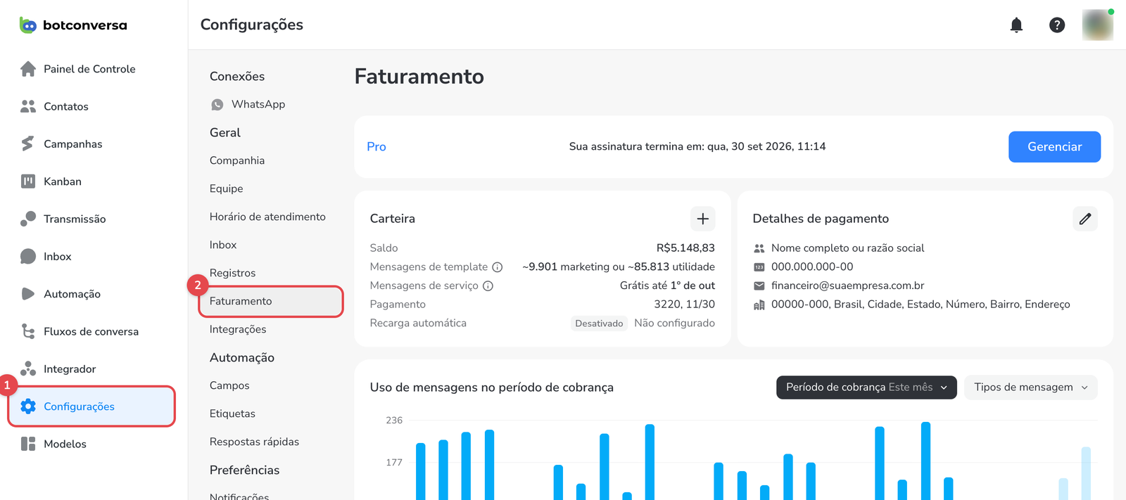 Menu lateral do BotConversa com Configurações destacado e, no submenu, o item Faturamento destacado dentro do grupo Geral