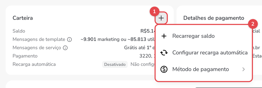 Bloco Carteira com o botão mais destacado e o menu aberto com Recarregar saldo, Configurar recarga automática e Método de pagamento