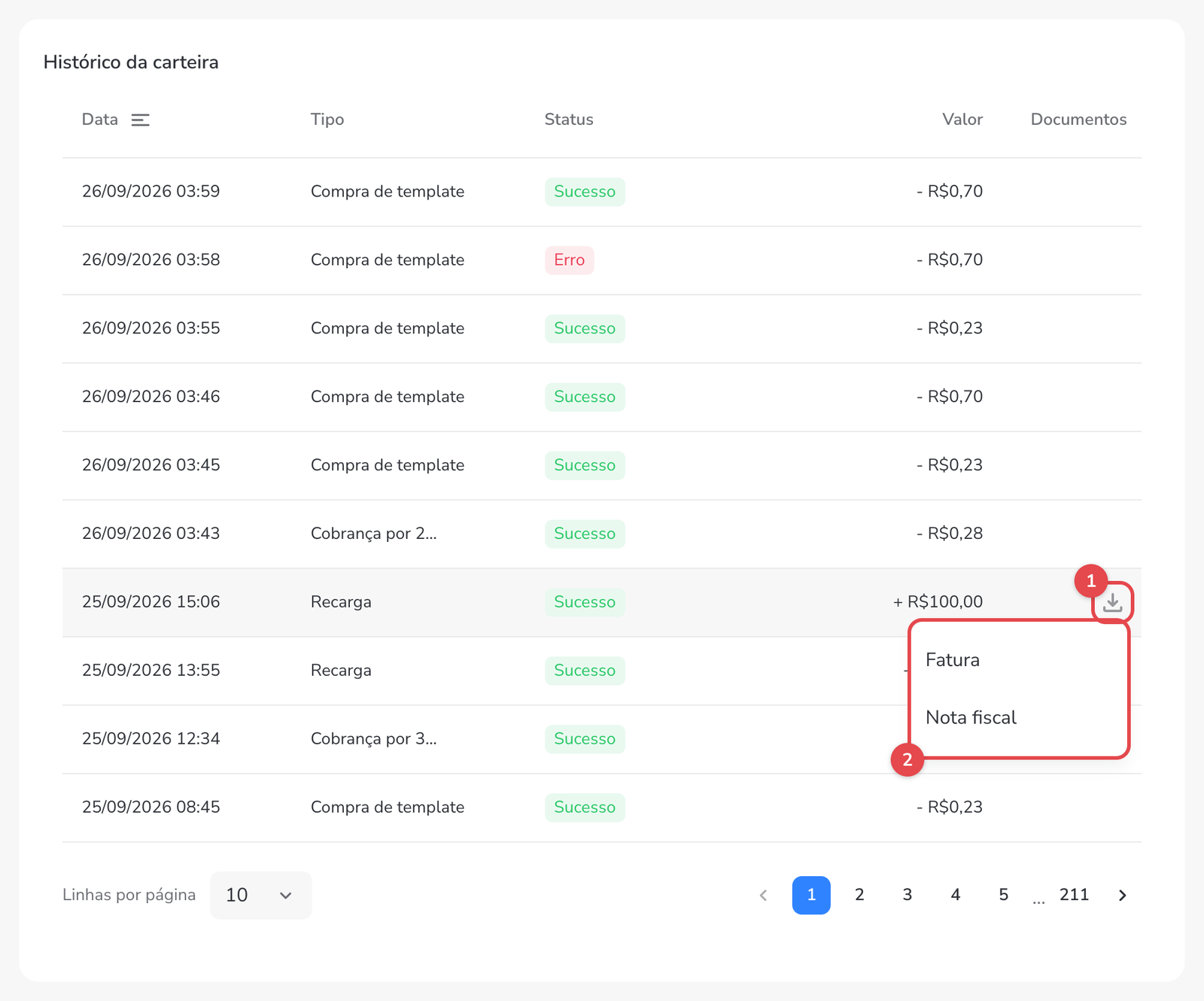 Histórico da carteira com compras de template, cobranças por mensagens e recargas, e o menu de download de uma recarga aberto com as opções Fatura e Nota fiscal