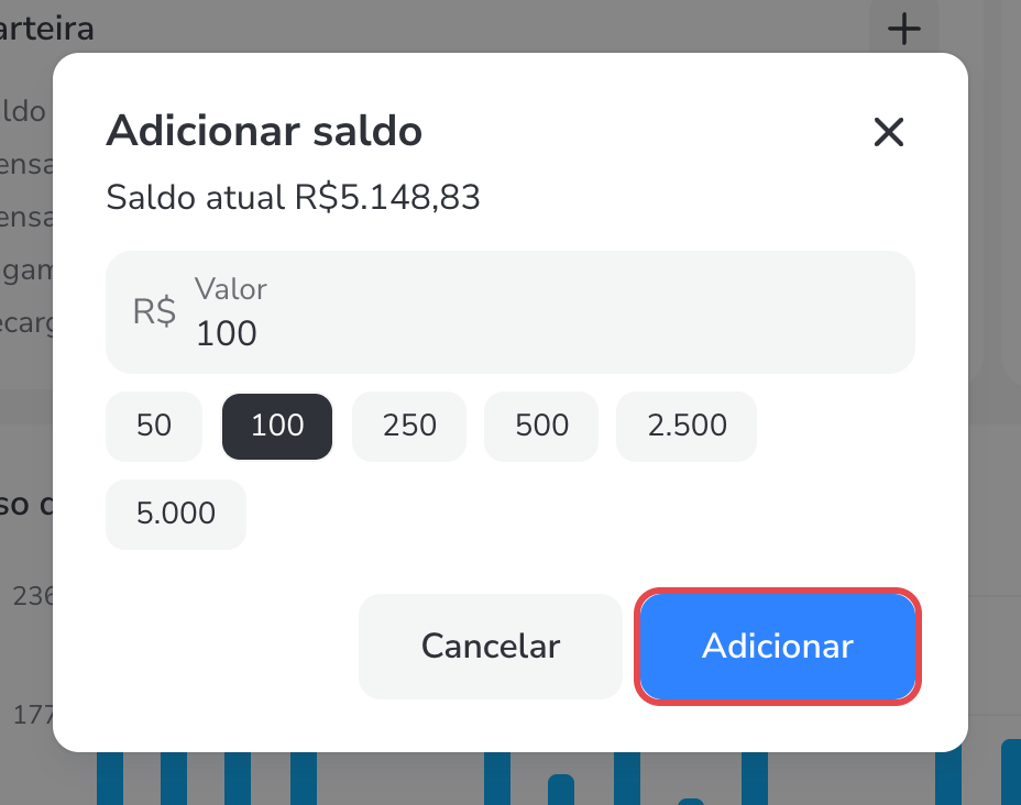 Janela Adicionar saldo com o saldo atual, o campo Valor, os botões de valor rápido e o botão Adicionar destacado