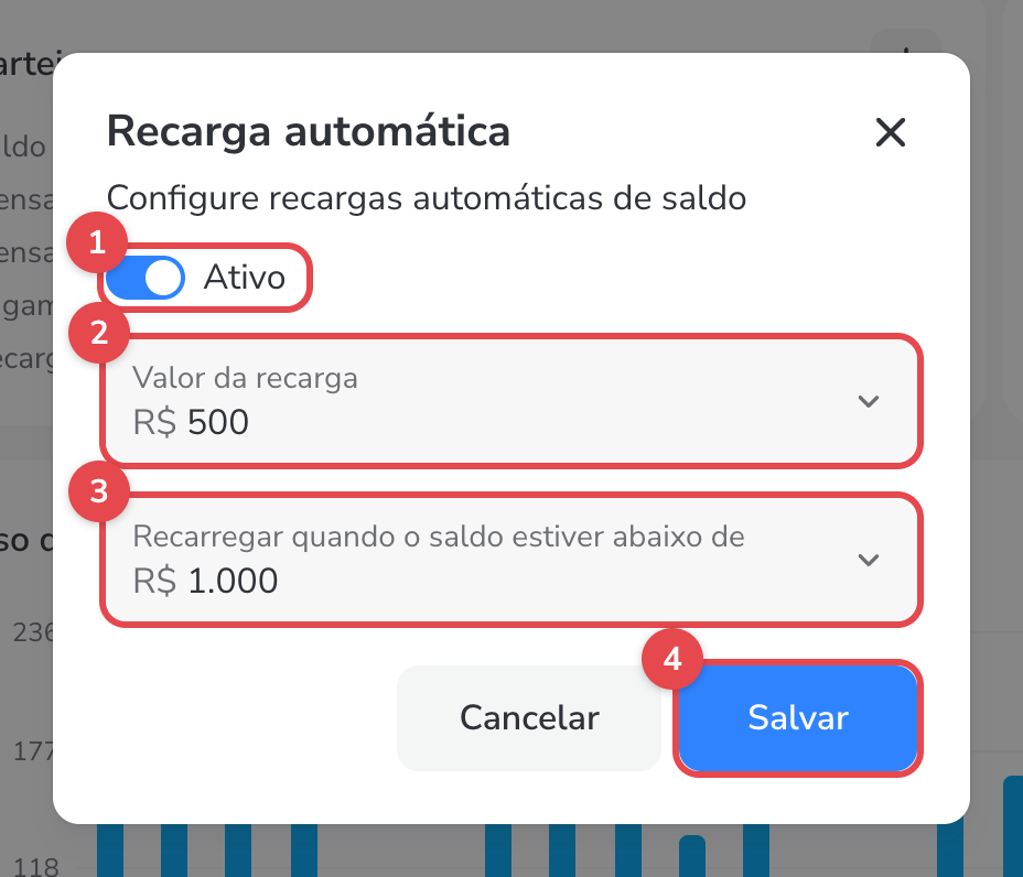 Janela Recarga automática com a chave Ativo ligada, Valor da recarga em R$ 500, gatilho em R$ 1.000 e o botão Salvar destacado