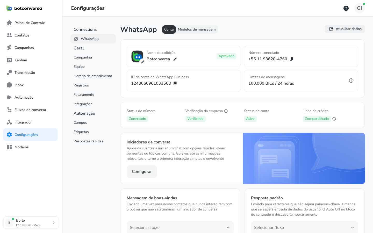 Aba Conta das configurações do WhatsApp, com o nome de exibição e os dados da conexão