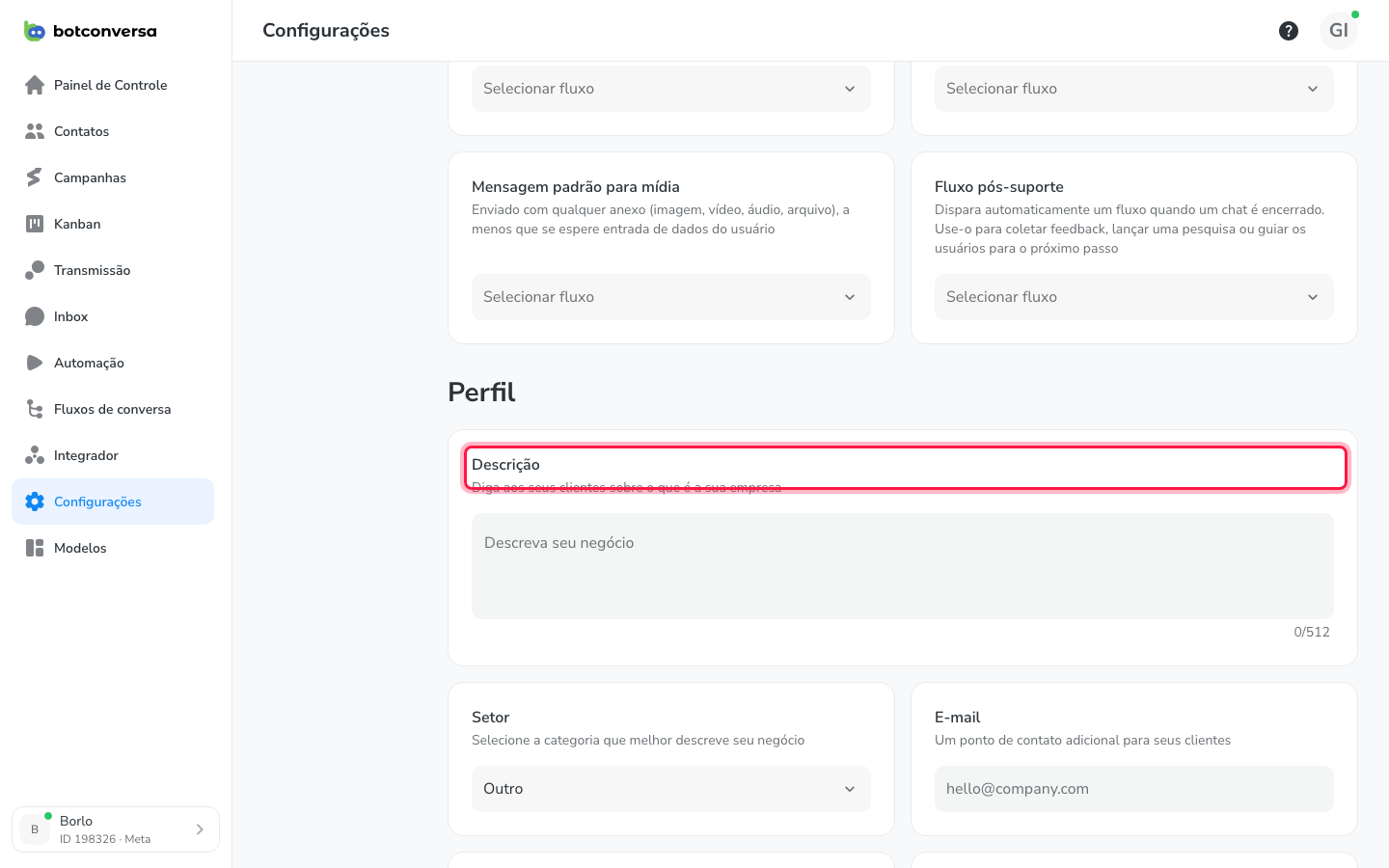 Seção Perfil com os campos de descrição, setor, e-mail, site e endereço