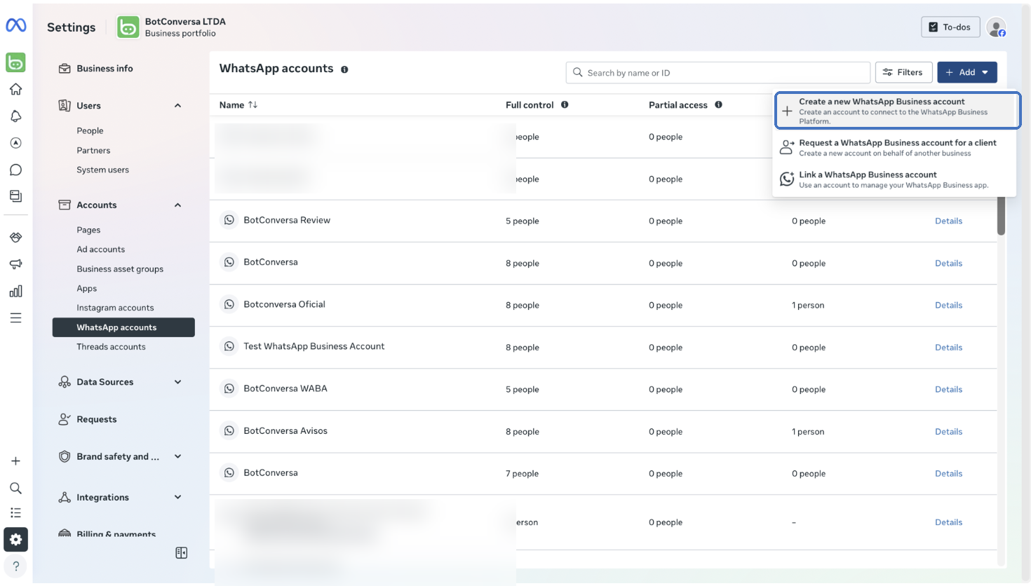 Lista de contas do WhatsApp no painel da Meta com o menu Adicionar aberto e a opção de criar uma nova conta destacada