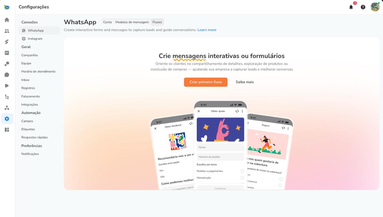 Aba Fluxos em Configurações e WhatsApp, no estado vazio, com o botão Criar primeiro fluxo em destaque