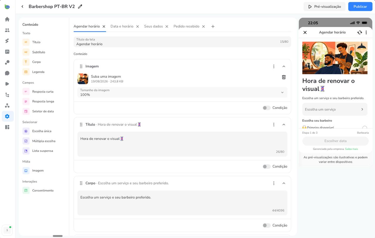 Editor do fluxo com a paleta de elementos à esquerda, as abas das quatro telas no topo, os blocos no centro e a pré-visualização do celular à direita