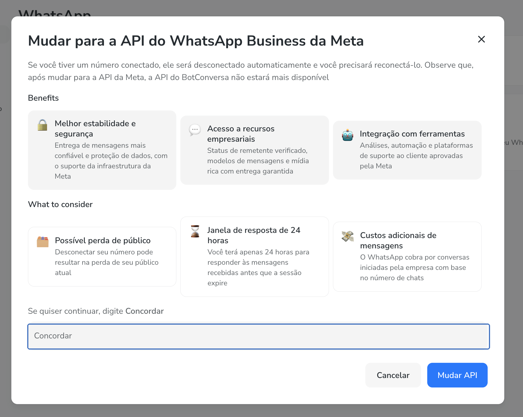 Janela de confirmação da migração, com benefícios, pontos de atenção e o campo onde digitar Concordar