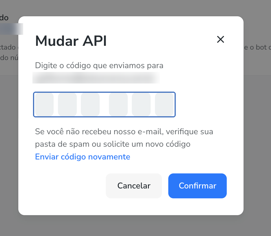 Janela Mudar API pedindo o código de verificação enviado por e-mail, com os seis campos destacados