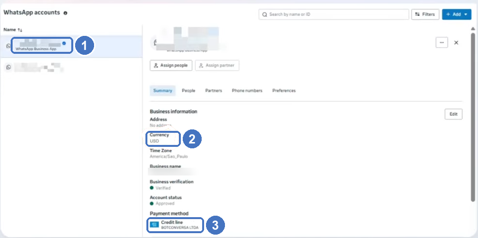 Tela Contas do WhatsApp no Gerenciador de Negócios com o tipo WhatsApp Business App, a moeda USD e a linha de crédito do BotConversa destacados e numerados de 1 a 3