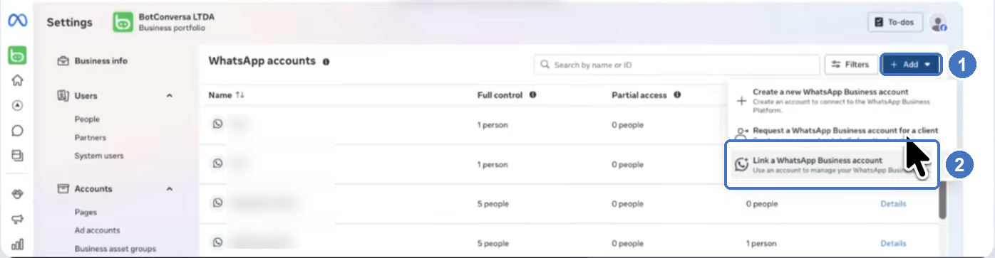 Gerenciador de Negócios em Contas do WhatsApp com o botão Adicionar e a opção Vincular uma conta do WhatsApp Business destacados