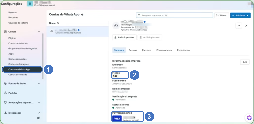 Conta do WhatsApp no Gerenciador de Negócios com a moeda BRL e o cartão Visa como forma de pagamento destacados