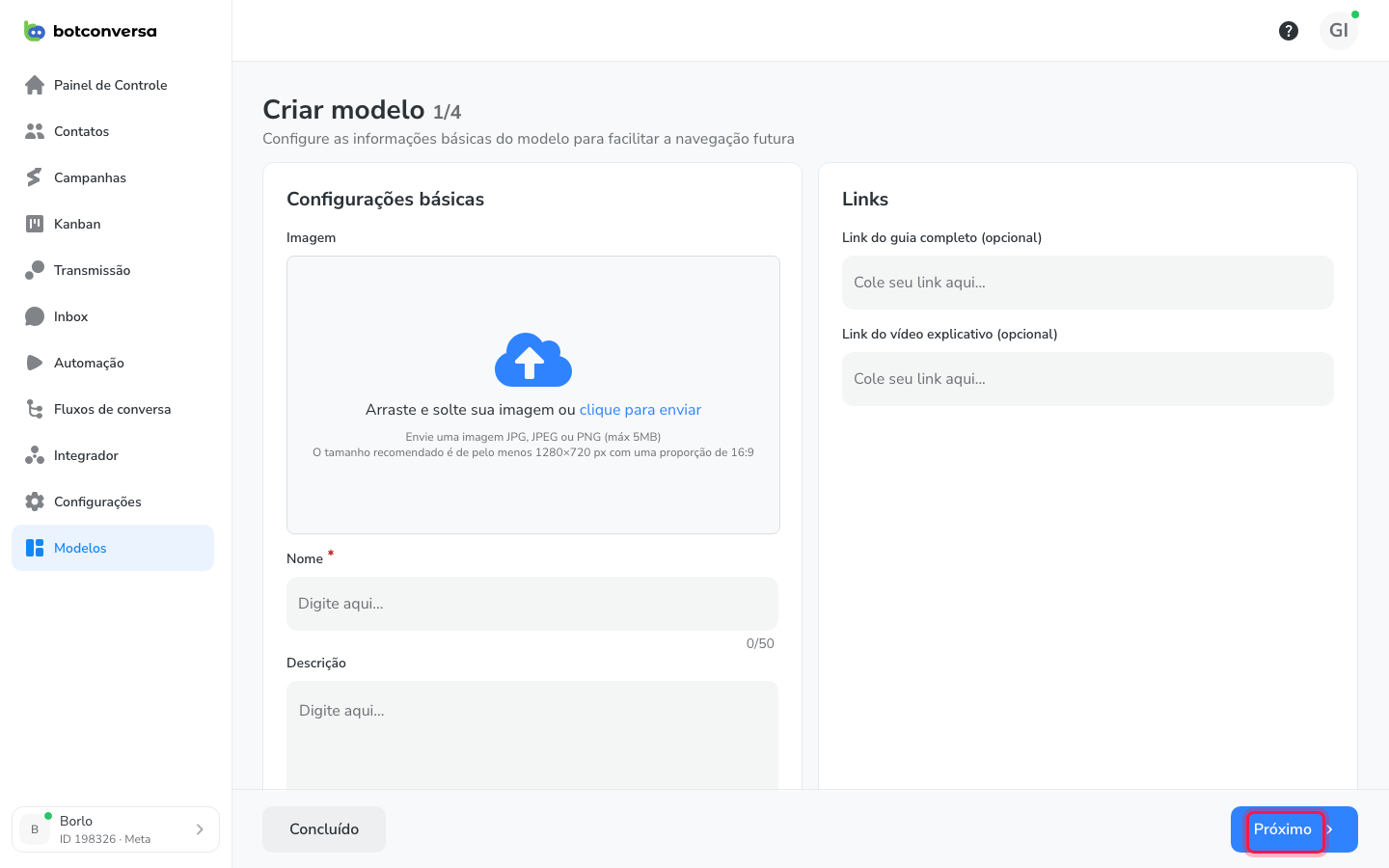 Etapa de informações básicas com imagem, nome e descrição