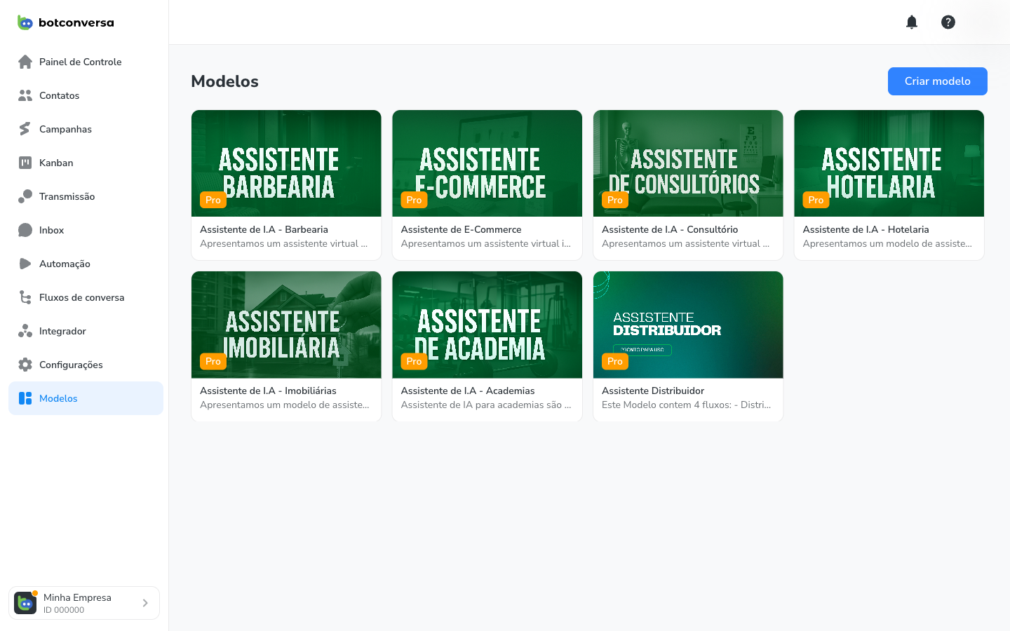 Menu Modelos com a lista de modelos prontos de assistentes de IA, cada um com nome e descrição, e o botão Criar modelo