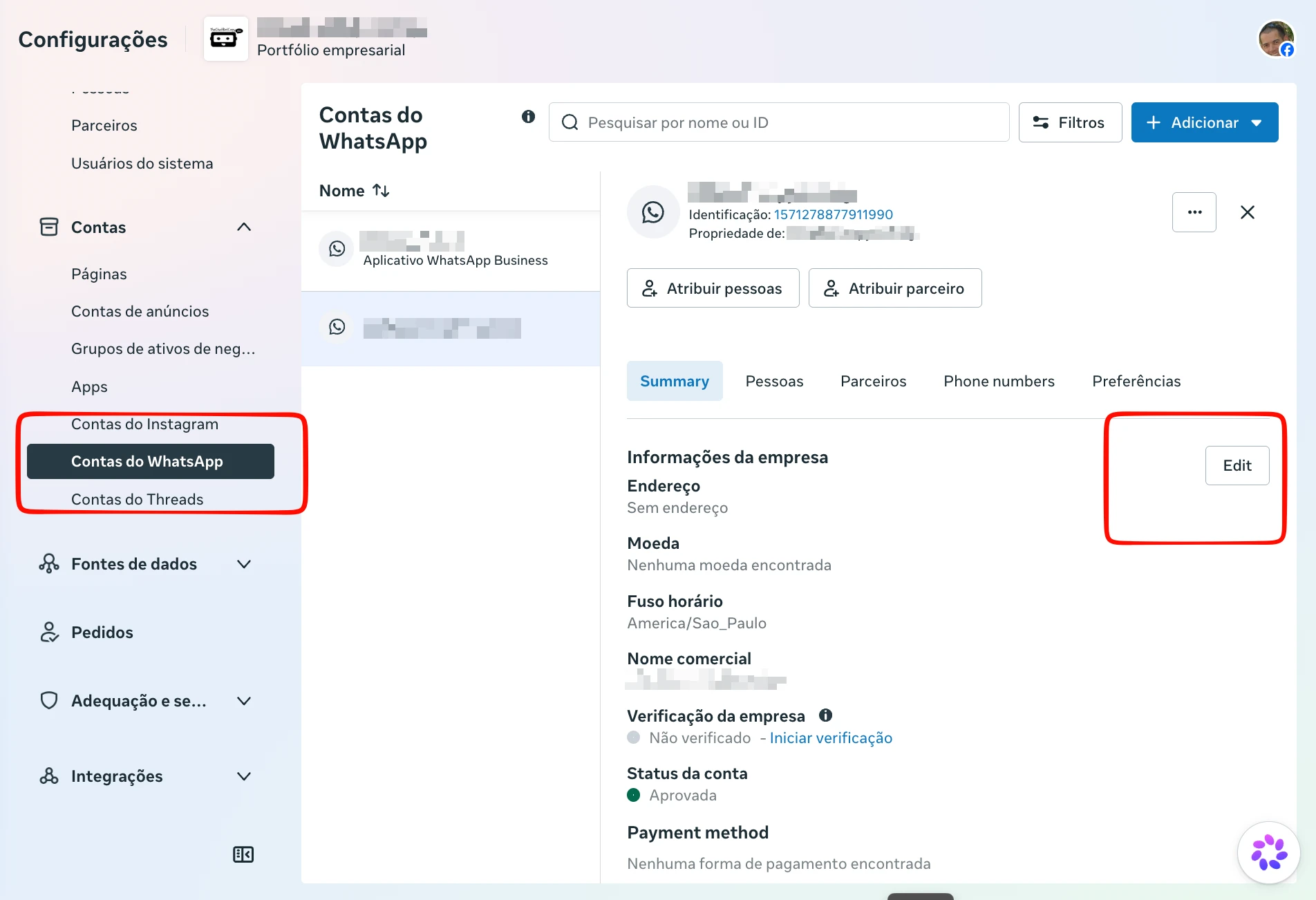 Configurações da Meta com Contas do WhatsApp destacado no menu lateral e o botão Edit destacado no painel da conta