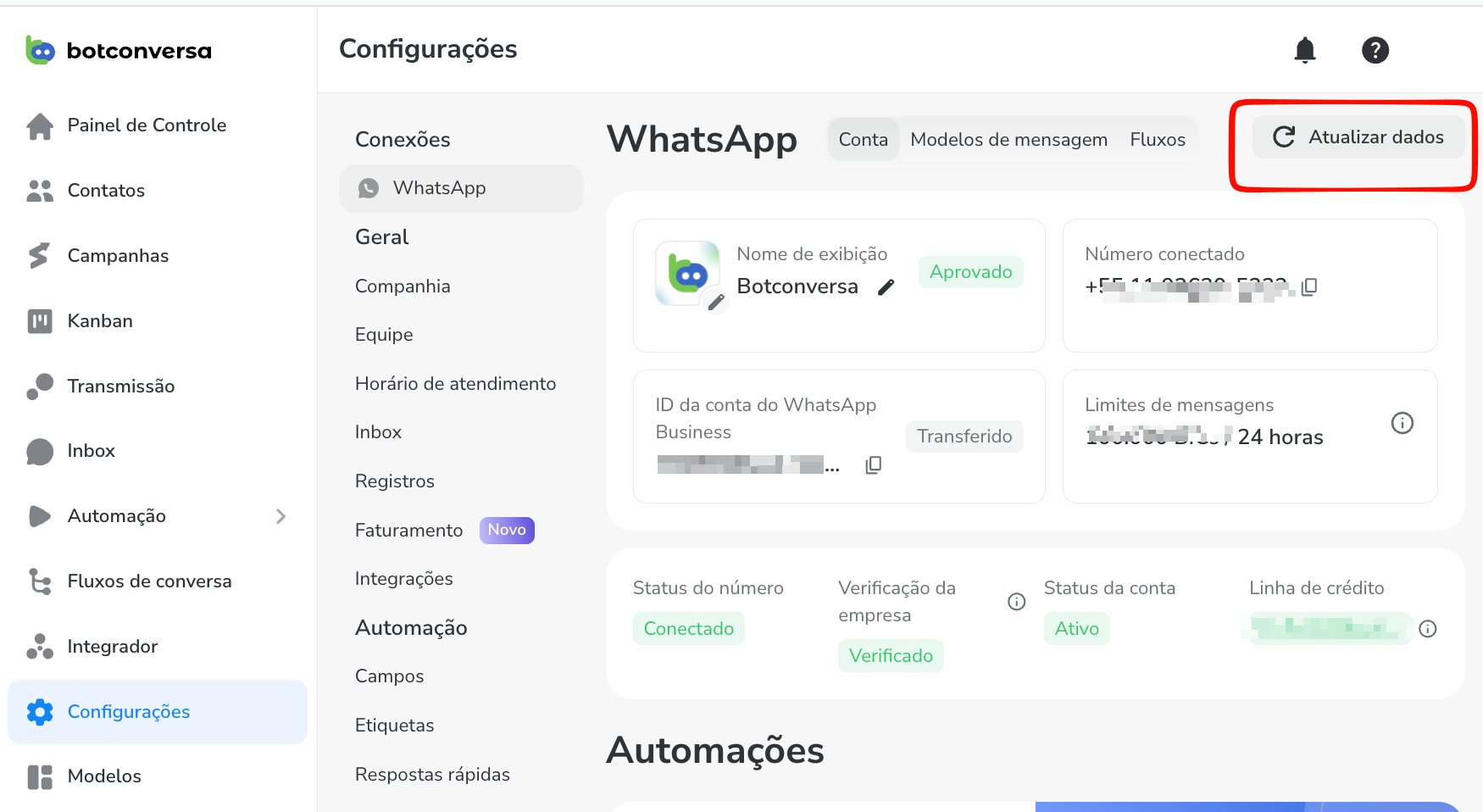 Configurações do WhatsApp no BotConversa com o botão Atualizar dados destacado