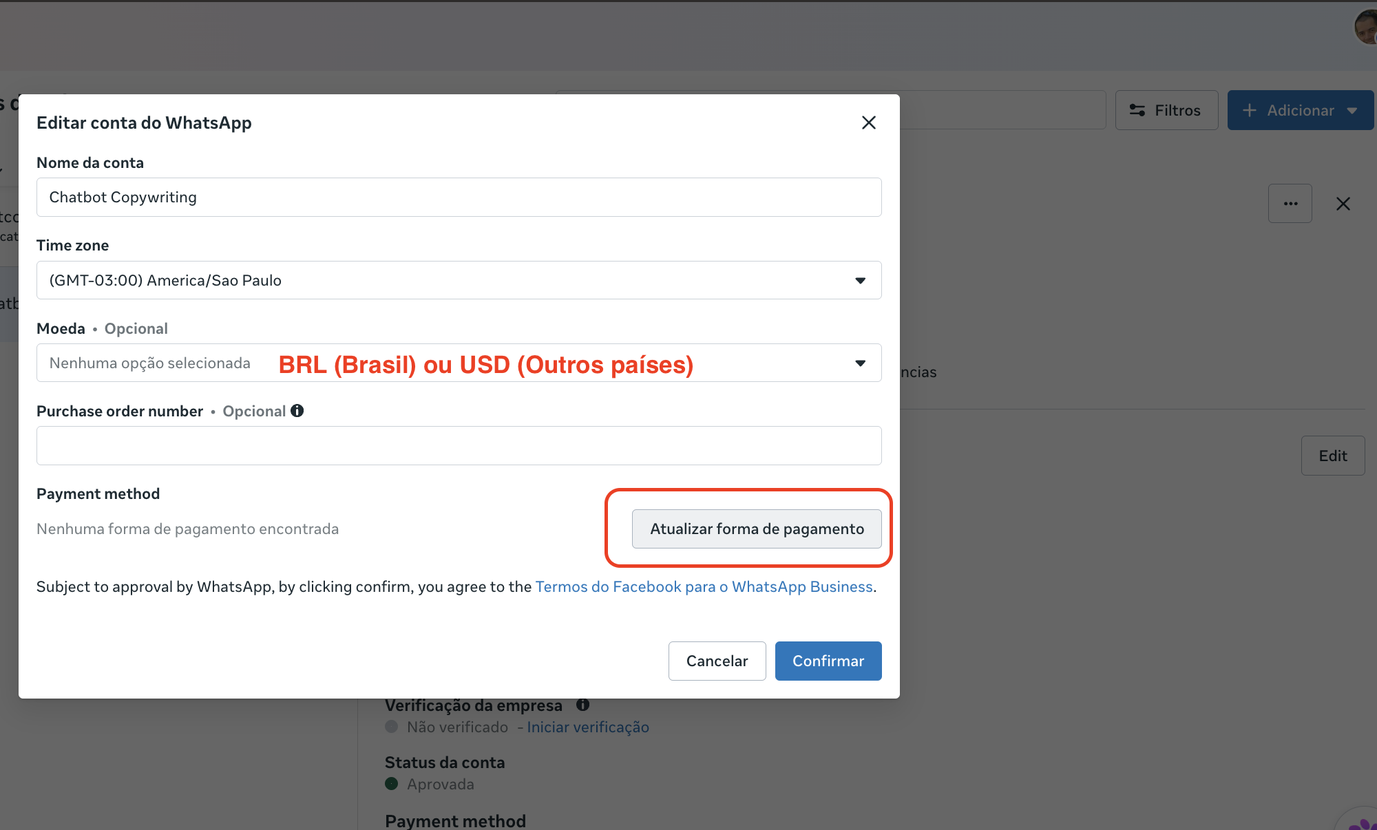 Janela Editar conta do WhatsApp com o campo Moeda e o botão Atualizar forma de pagamento destacado