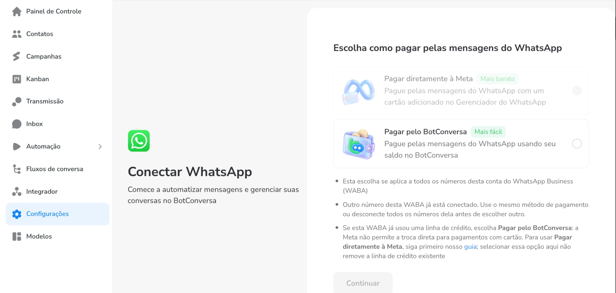 Tela Conectar WhatsApp do BotConversa com as opções Pagar diretamente à Meta e Pagar pelo BotConversa