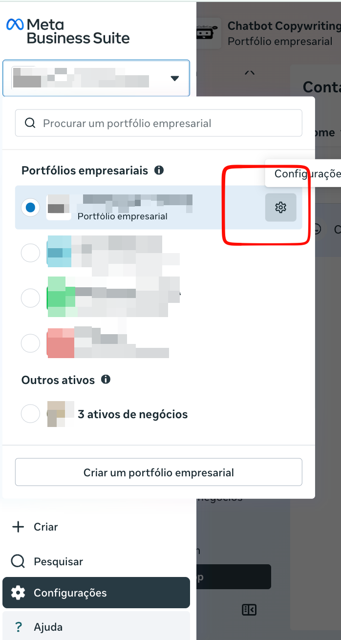 Menu do Meta Business Suite com o seletor de portfólio aberto e o botão de engrenagem Configurações destacado