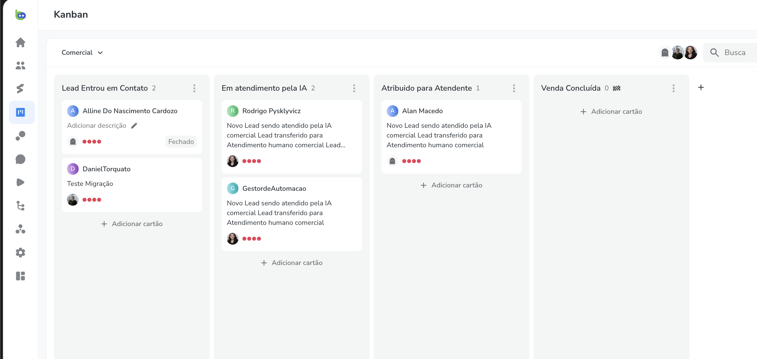 Tela de Kanban do BotConversa