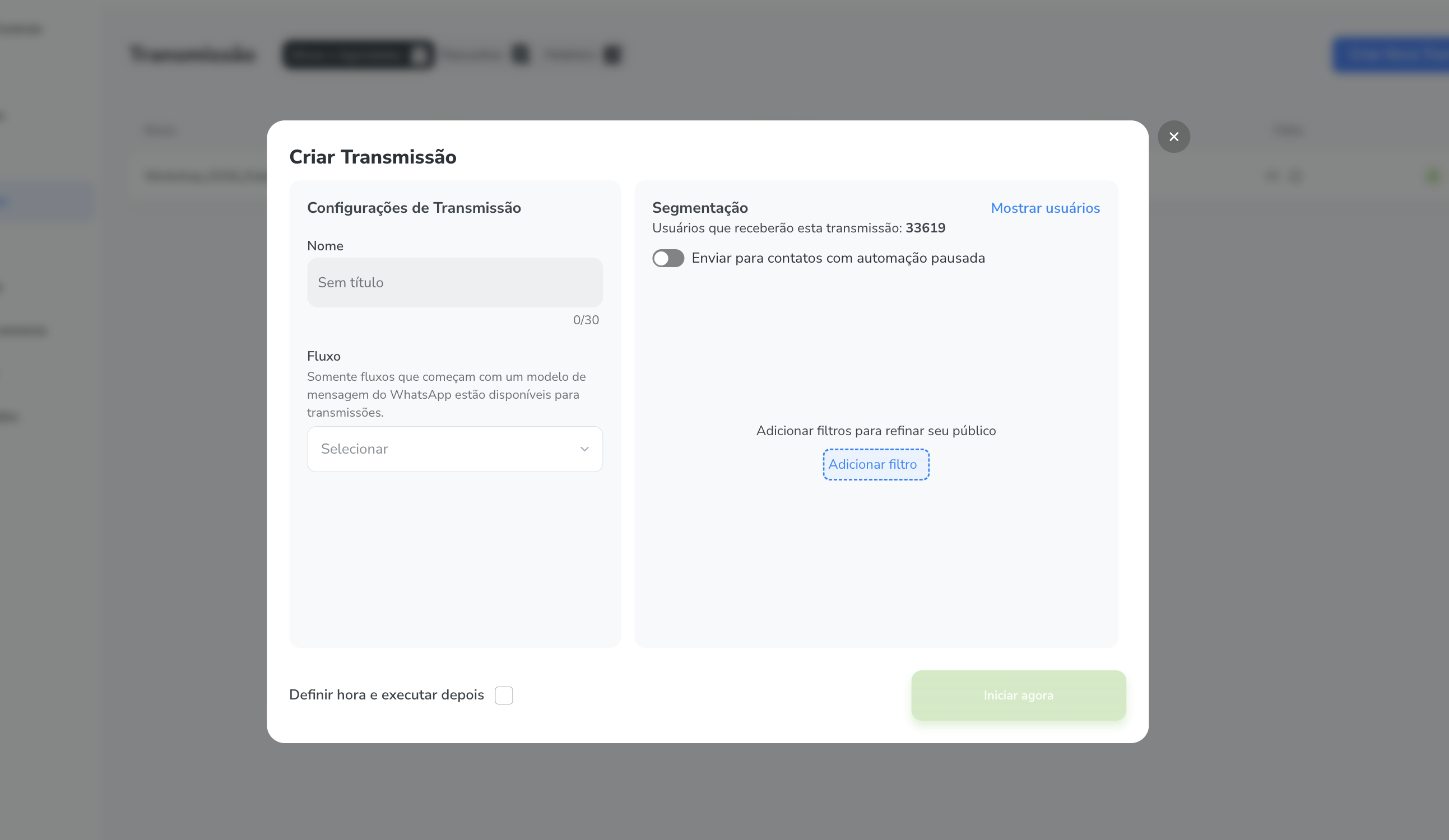 Tela de Transmissão do BotConversa com a lista de disparos e o botão de criar nova transmissão